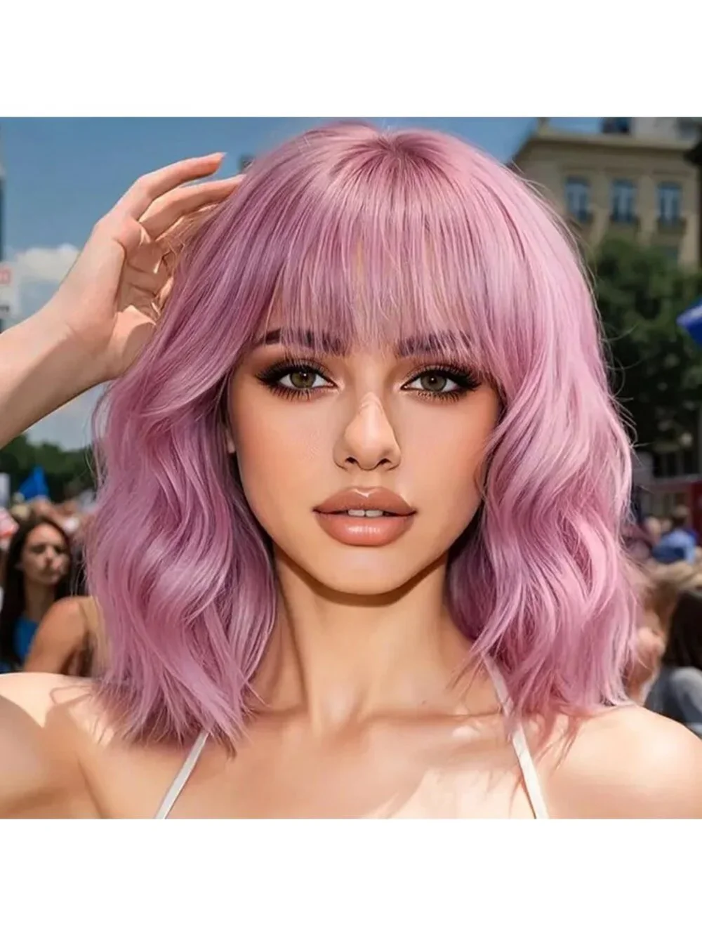 Women's Purple Pink 14 Inch Heat Resistant Short Wavy Hair Pastel Bob Wig Bangs